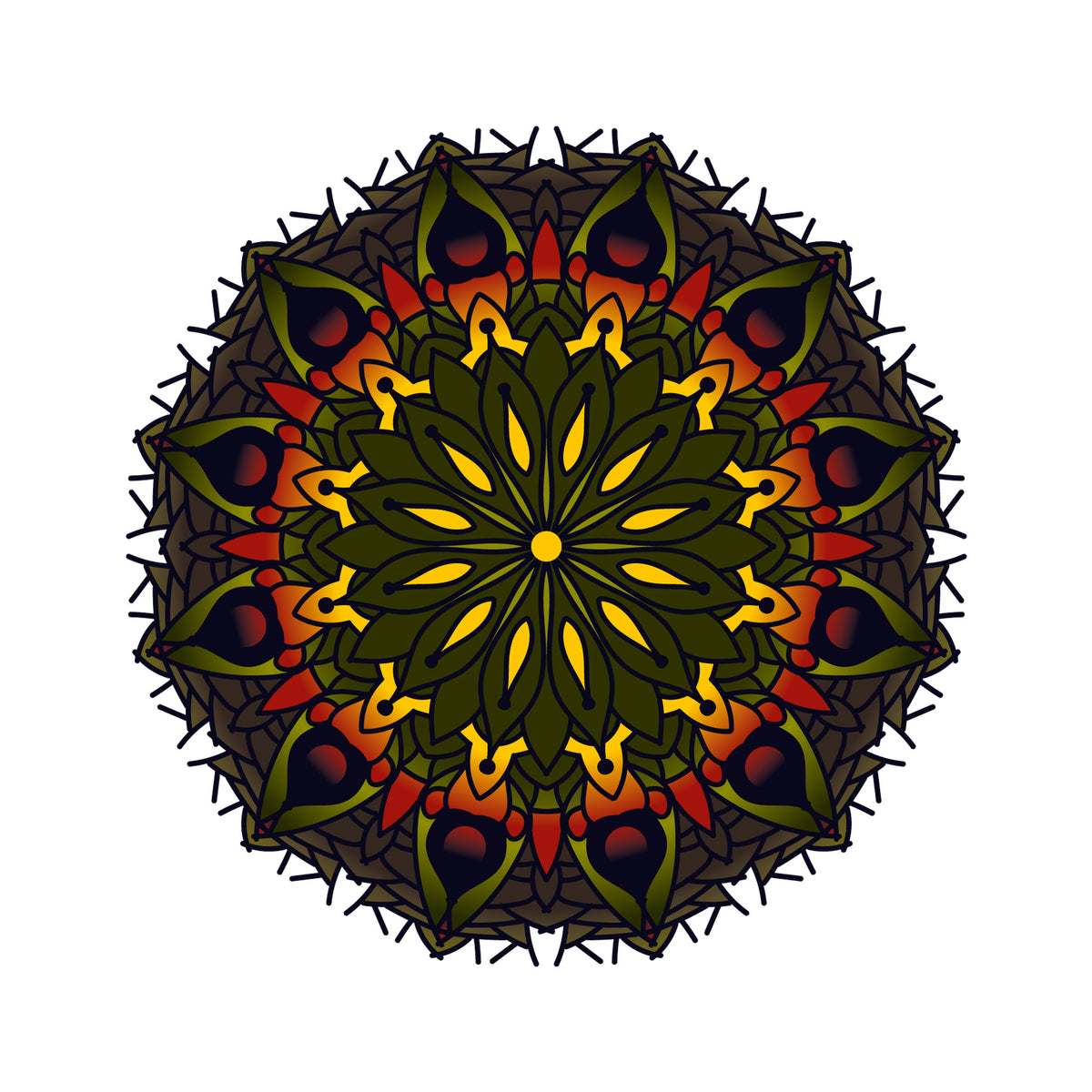 The Hunger for Light — contemporary geometric mandala fine art print in deep green, red and yellow by Art Eh! Studio